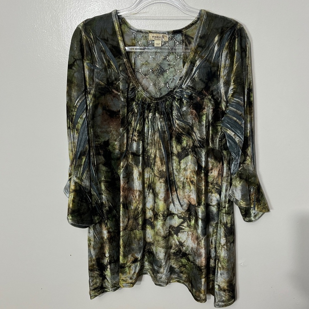 One World Velvet Tunic Women‎ XL Green Gold Tie Dye Lace Back Bell Sleeve Top